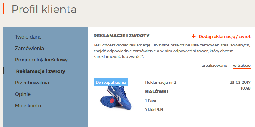Profil klienta - Reklamacje-zwroty-lista